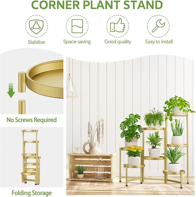 iDavosic.ly 7 Tier Large Plant Stand Indoor, 10 Inch Wide Tall Corner Metal Plant Stands Outdoor for Multiple Plants, Folding Tiered Flower Display Holder Rack Shelf, Gold iDavosicly