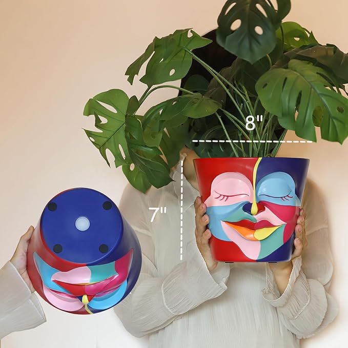 GUGUGO 8 Inch Abstract Rainbow Head Planter, Unique Face Plant Pot with Drainage, Cute Eclectic Flower Planters Pots for Indoor Outdoor Plants, Colorful Funny Room Decor Aesthetic, Coral Red & Indigo GUGUGOHOMEDECOR