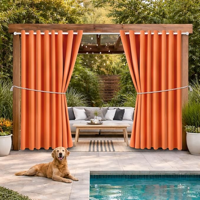 Outdoor Patio Curtain Waterproof Darkening Thermal Insulated Indoor Curtains for Bedroom, Porch, Living Room, Pergola, Cabana, W105 x L120 Extra Wide Room Divider, Orange, Set of 2 Panels DivaenCamino