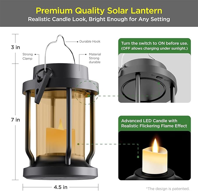 Solar Lantern Outdoor & Indoor Use – Hanging Solar Lights with Realistic Flickering Flameless Candle, Weatherproof for Gardens, Patios, Trees, and Lawns (Black + Amber, 1 Pack) Rootora