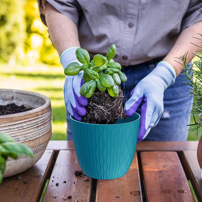 7 inch Flower Pots, 5 Pack Plant Pots with Drainage Holes and Saucers for Indoor Plants, Plastic Planters with Water Ripple for Small Garden House Plants, Nursery Pots for Succulent, Blue Green WSMKSZ