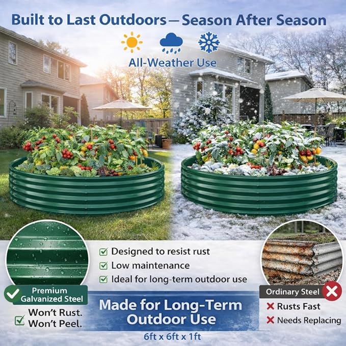 Round Galvanized Raised Garden Bed, 6x6FT, 12" Depth for Outdoor Gardening, Heavy Duty Metal Planter Box for Vegetables, Flowers & Herbs, Rust-Resistant, Easy DIY Assembly Rootora