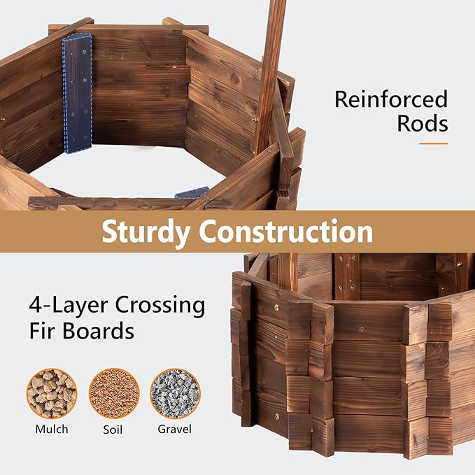 VINGLI Wooden Wishing Well Outdoor Planters, Well Covers for Yard with 2 Reinforced Rods, Height Adjustable Hanging Bucket, Rustic Flower Pot Home Decor for Outside Patio Garden VINGLI