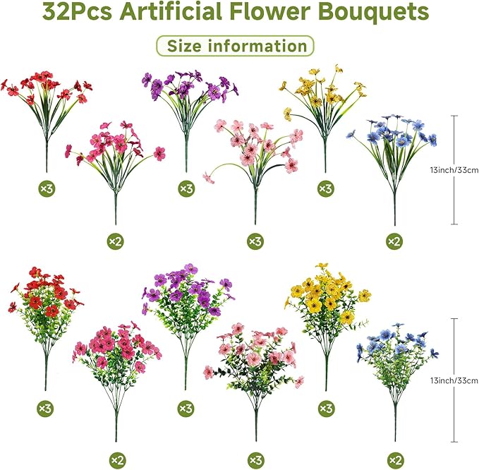 Alupssuc 32 Bundles Artificial Flowers for Outdoors Decoration, UV Resistant Silk Faux Floral Spring Fake Plastic Plants Greenery for Outside Indoor Home Garden Porch Window Box Decor, Mix 6 Colors Alupssuc
