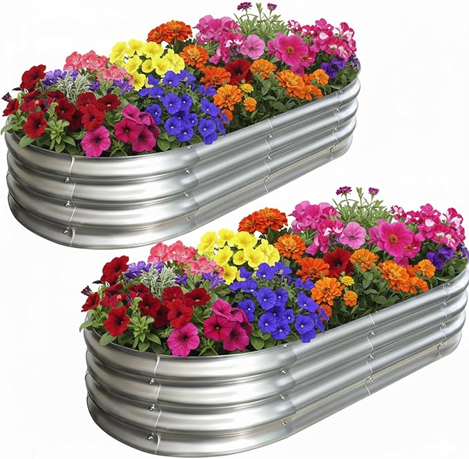 Galvanized Raised Garden Bed for Outdoor: 4X2X1ft Durable Metal Vegetable Plant Container Kit - Oval Planter Box for Gardening Flower Trough （2 Pack） Rootora