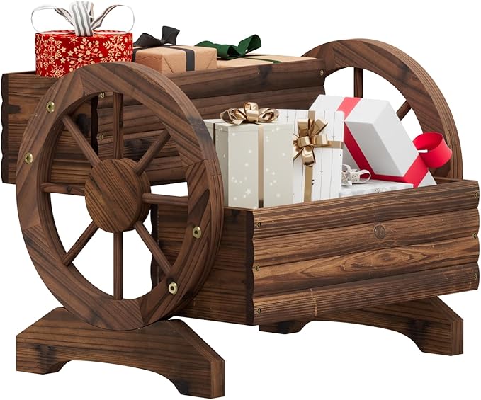 Wooden Wagon Planter Flower Cart with Wheels Garden Box Garden Planter, Decorative Planter for Flowers Herbs Vegetables for Indoor & Outdoor Décor Flower Cart for Patio Garden Balcony (Carbonized) PULIJIAJU