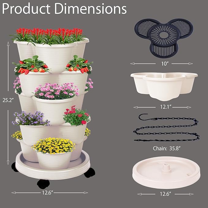 5-Tier Vertical Garden Tower Stackable Planter for Strawberries, Flowers, Vegetables & Herbs Beige Pinky+Family