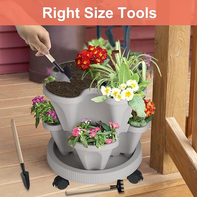 DUNCHATY Stackable Planter, Vertical Garden Planter with Wheels and Tools, Self Watering Strawberry Planter Indoor/Outdoor 3 Tier Herb Planter Pots for Growing Vegetables and Succulents,Gray DUNCHATY