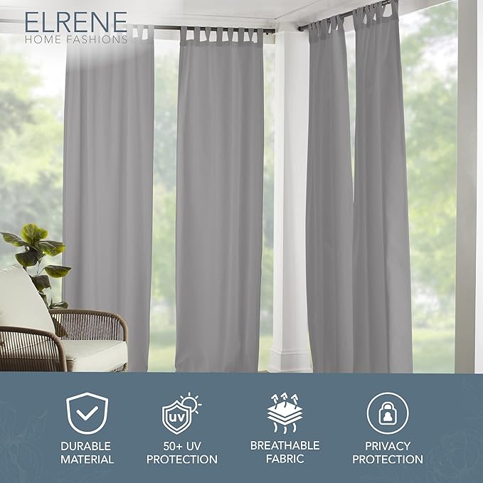 Elrene Home Fashions Matine Weatherproof Tab-Top Indoor/Outdoor Solid Color Curtain Panel for Porch, Pergola, Patio, Deck, 52”W x 95”L, Gray ElreneHomeFashions