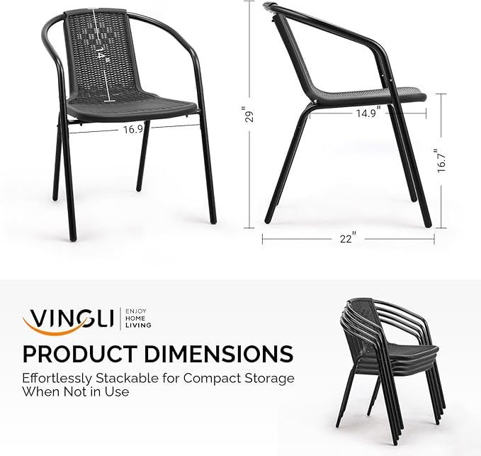 VINGLI PE Rattan Outdoor Dining Chairs Set of 2, Plastic Stackable Patio Chairs for Indoor, Porch, Restaurant, Garden, Black VINGLI
