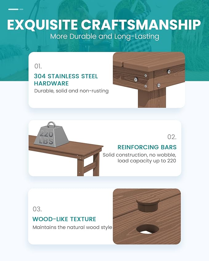 SERWALL Outdoor Bar Set - 4 Adirondack Bar Chairs & Bar Height Table with 1.6" Umbrella Hole, All-Weather HDPE Patio Furniture for Poolside, Backyard, Garden - Brown SERWALL