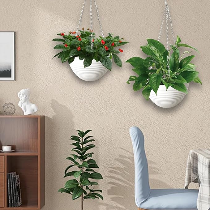 4 Pack 8 inch Plastic Self Watering Hanging Planters,Round Hanging Basket Planter with Drainer and Metal Chain,White Garden Flower Plant Pot Container for Indoor Outdoor Plants Srmayyi
