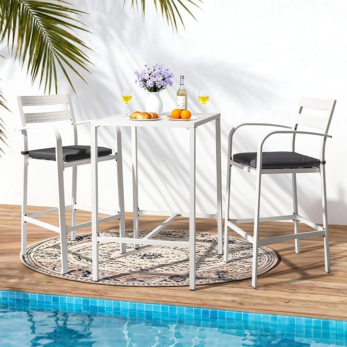 VINGLI 3-Piece Outdoor Bar Set, Aluminum Bar Height Table & 2 Chairs with Cushions, Counter Height Patio Furniture for Backyard, Poolside, Garden, Bistro, Indoor Outdoor Use (White) VINGLI