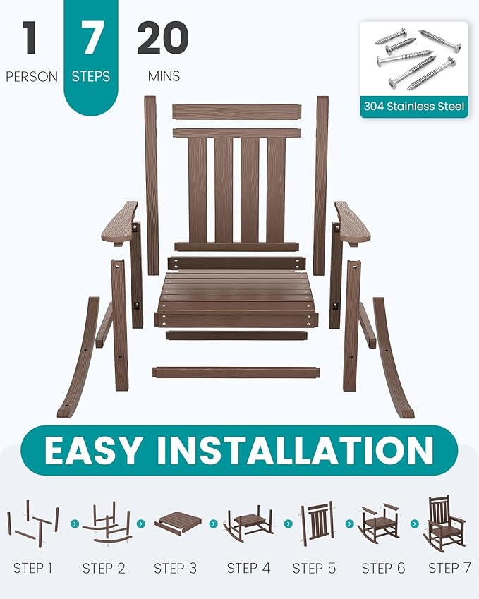 SERWALL Oversized Outdoor Rocking Chair Set of 2, HDPE Rocker for Adults, Patio Rocking Chairs for Porch, Brown SERWALL