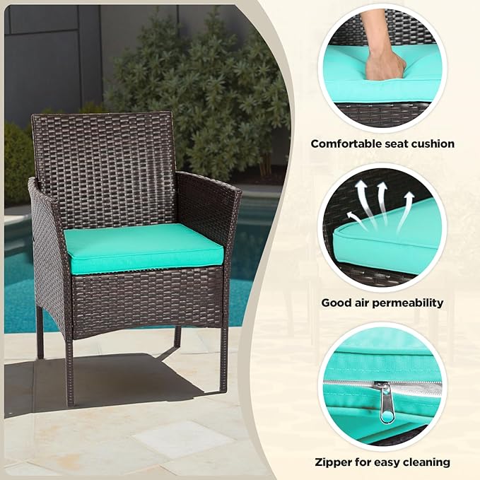 FDW | 4-Piece Patio Furniture Set | Brown & Blue | Outdoor Wicker Furniture with Coffee Table | Modern Rattan Chairs Conversation Set | Outdoor Seating | Weather-Resistant | for Porch, Garden, Lawn FDW