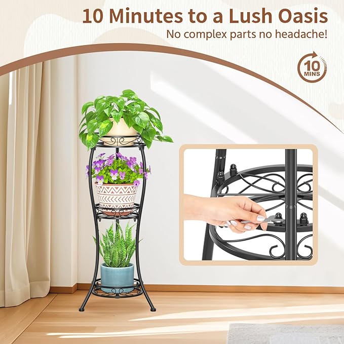 LASZOLA Black 3 Tier Tall Plant Stand for Indoor Outdoor, Large Multiple Level Flower Planter Holder Organizer Rack for Patio Office Bathroom Corner Floor, Sturdy Heavy Duty Metal, Vertical Display LASZOLA
