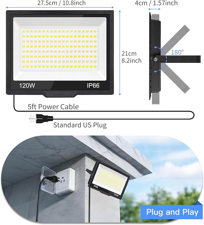120W LED Flood Light Outdoor with Plug, 14400Lm Super Brighter Security Lights with 5ft Wire, IP66 Waterproof LED Work Light, 5000K Daylight White Exterior Floodlights for Yard Garage Stadium(2 Pack) ISUERFY-BornforGlowParty
