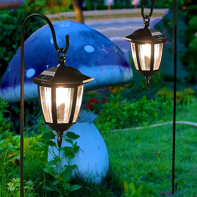 Dynaming 2 Pack Solar Hanging Lights Outdoor, Solar Powered Garden Decorative Lanterns with 2 x 38 Inch Shepherd Hooks, Waterproof Landscape Lighting for Lawn Patio Yard Pathway Driveway, Warm White Dynaming