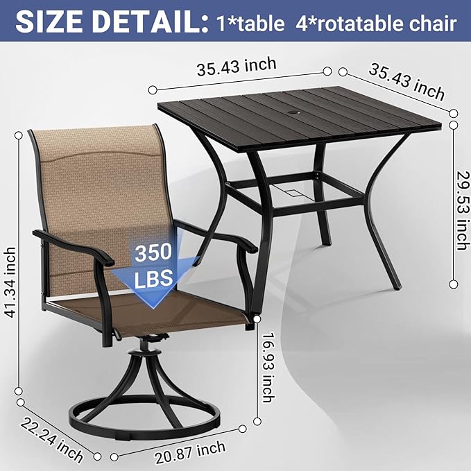 LEVELEVE 5 Piece Outdoor Patio Dining Set with 4 Swivel Dining Chairs & 1 Large Round Dining Table,Bistro Furniture Set for Lawn, Garden, Deck, Backyard and Porch Enjoyyourlife