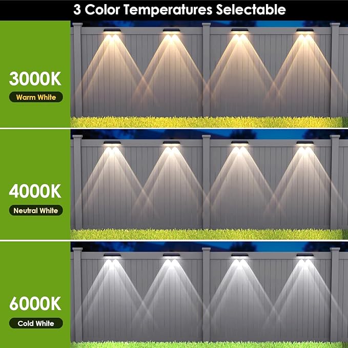 Solar Fence Lights Outdoor - 2700/4000/6000K 3 Mode, 8 Pack Solar Fence Lights Outdoor Waterproof LED, Fence Light Solar Powered for Outside, Backyard, Railing, Step, Patio,Wall and Home Improvement LIANGLOME