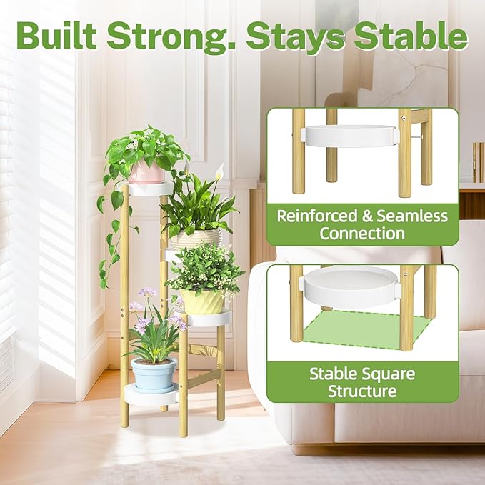 iDavosic.ly 4 Tier Bamboo Plant Stand Indoor Outdoor with Plastic Tray, Tiered Corner Flower Holder Shelf, Space Saving Orchid Display Rack for Patio Porch Living Room Garden Balcony, Natural White iDavosicly
