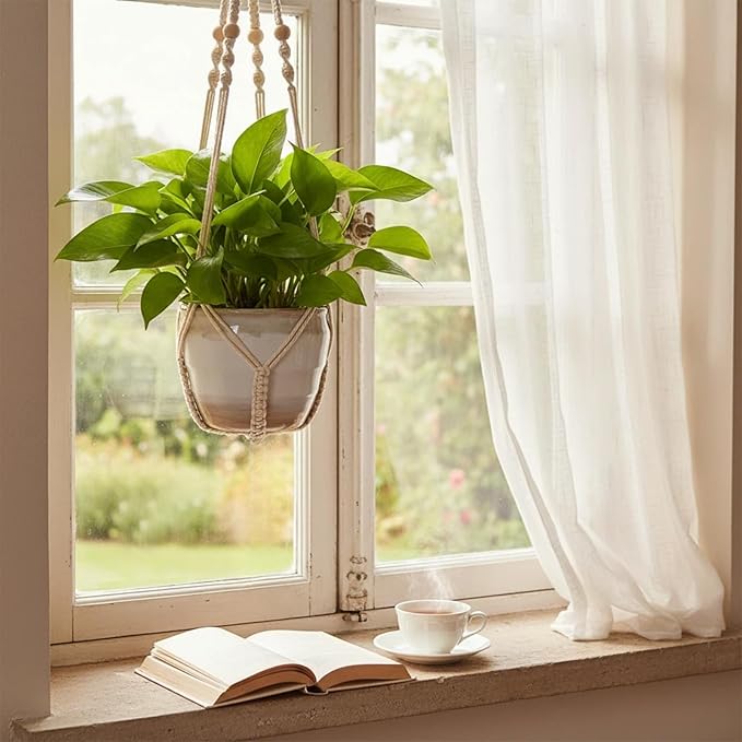 Macrame Plant Hanger, Up to 4-15 inch Pots, Wood Beads Cotton Hanging Planter Holder for Indoor Outdoor Boho Home Decor, 35 Inch, Set of 2 (Ivory) Rootora