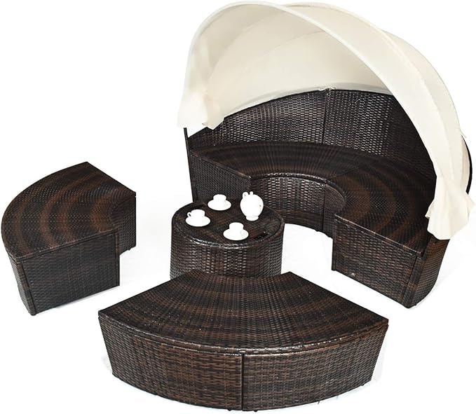 Tangkula Patio Round Daybed with Retractable Canopy, Outdoor Wicker Rattan Furniture Sets, Sectional Cushioned Sofa Set w/Height Adjustable Coffee Table, Rattan Conversation Sets (Beige) TANGKULA