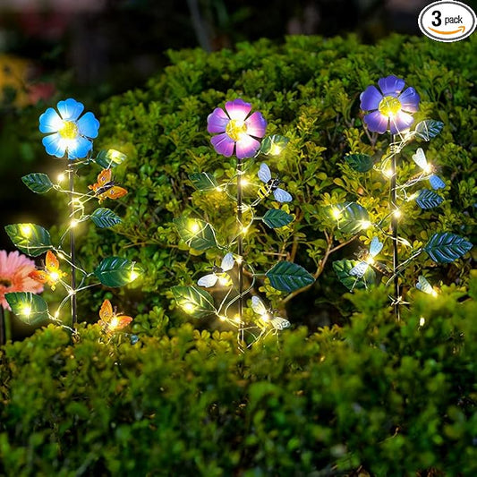 Set of 3 Solar Garden Lights,23'' H Flowers＆Insect Decorative Garden Stakes,Waterproof Metal Spring Yard Art Decor,Solar Stake Lights for Outside,Lawn,Yard,Patio SATHGA