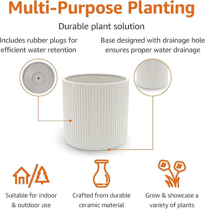 Amazon Basics Fluted Ceramic Round Planter with Drainage Hole, Indoor Outdoor Flower Pot, 10-inch, White AmazonBasics