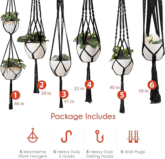 Feedee Macrame Plant Hangers - 6 Pack, Black, Indoor/Outdoor, Cotton Feedee