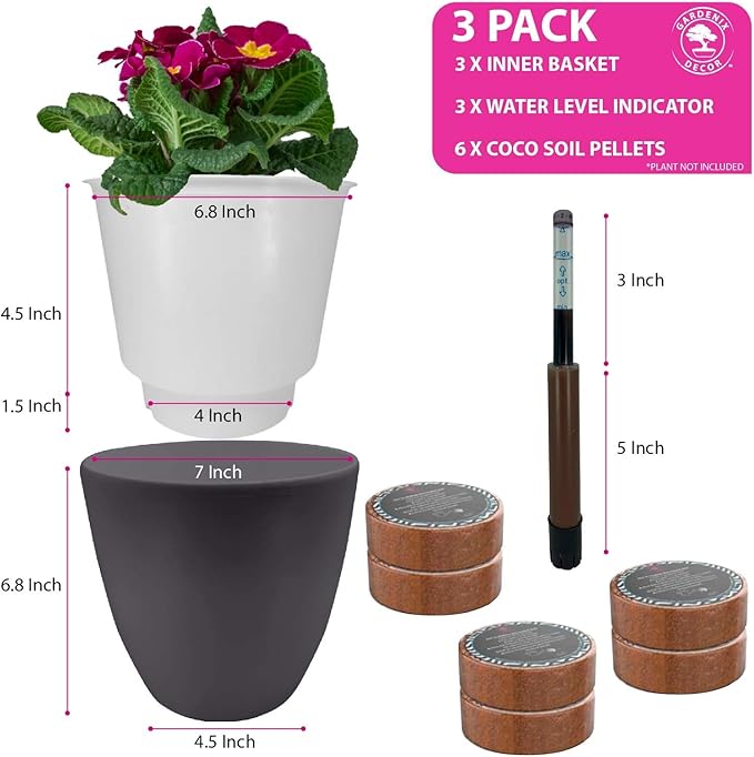GARDENIX DECOR 7'' Self Watering planters for Indoor Plants - with Water Level Indicator for Flower Pot , Grow Tracking Tool - Coco Coir - Gray 3 Pack Rootora