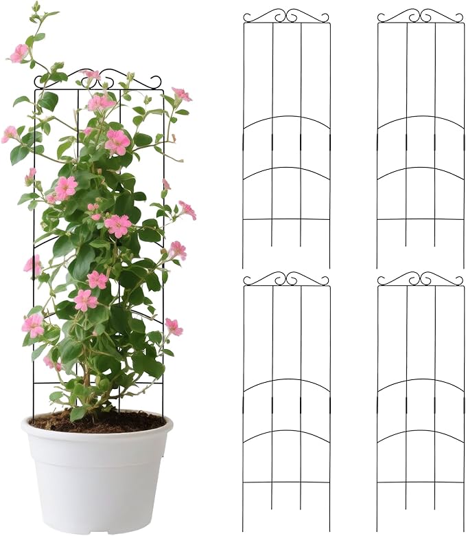 32 Inch Metal Plant Trellis for Climbing Plants Outdoor，4 Pack Garden Trellis for Potted Climbing Plants Indoor Houseplants Flowers Vine Ivy,Black,Rectangle Rootora