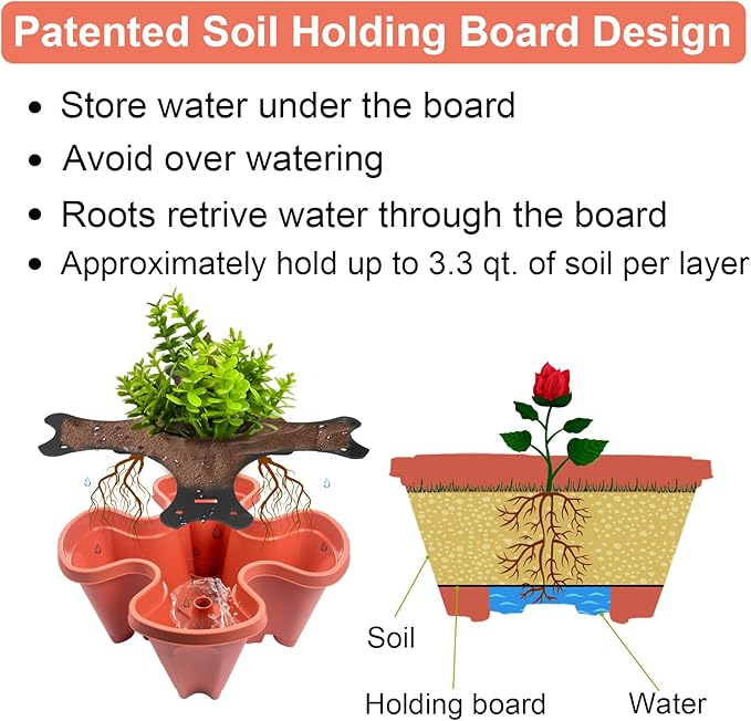 DUNCHATY Stackable Planters 4 Tier Vertical Garden Planting Tower Planters Strawberry, Herb, Flower, and Vegetable Planter Indoor Outdoor Gardening Pots with Removable Wheels and Tools DUNCHATY