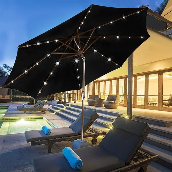 Blissun 9 ft Solar Umbrella, 32 LED Lighted Patio Umbrella, Table Market Umbrella, Outdoor Umbrella for Garden, Deck, Backyard, Pool and Beach (Black) Blissun
