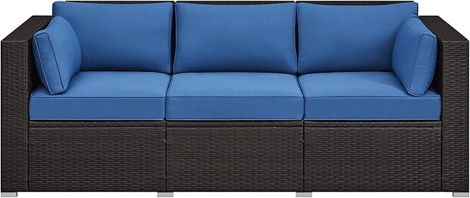 Yaheetech 3-Seat Patio Wicker Sofa, Outdoor Rattan Couch with Furniture Cover, Deep Seat High Back with Cushions & Throw Pillows for Deck/Porch/Balcony/Yard, Brown/Dark Blue Yaheetech
