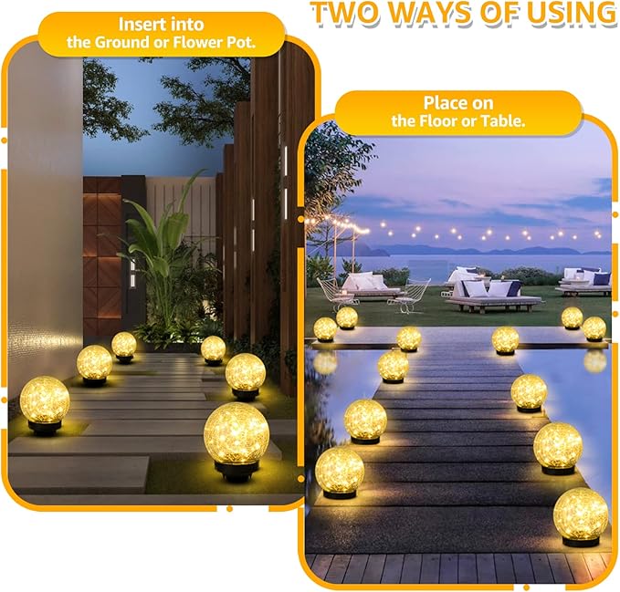 2-Pack Garden Solar Lights Outdoor, Cracked Glass Ball Light Waterproof, Decorative Solar Globe Lights Warm White for Yard Pathway Patio Lawn ASOMST