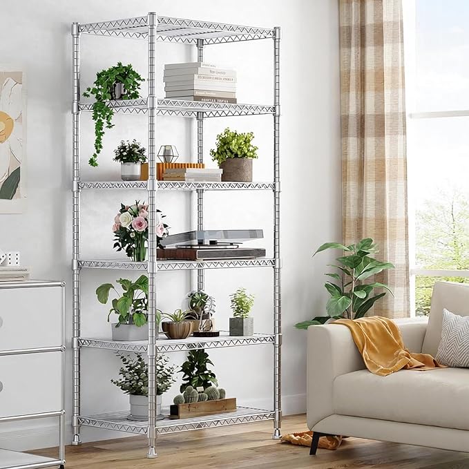 Xcity Storage Shelves, 6 Tier Heavy Duty Metal Shelving Unit, 2400 LBS Capacity Adjustable Steel Wire Shelf Organizer for Pantry, Kitchen, Garage, 14" D x 30" W x 70" H, Chrome Rootora