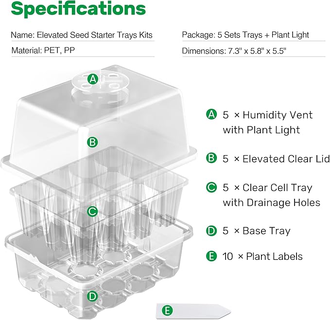 Bonviee 10 Packs Seed Starter Tray with Elevated Lid, 120 Cells Thicken Seed Starting Trays Kit with Adjustable Humidity Vent, Clear Cell Tray and Heightened Lids for Greenhouse & Gardens, Clear BonvieeDirect