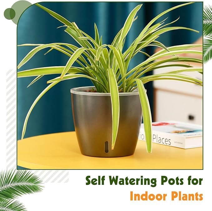 Self Watering Pots for Indoor Plants, 6-Pack 5'' Self Watering Planter with Drainage Holes, Small African Violet Pots with Water Indicator, Clear Wick Orchid Pot, Grey KvyusFlourish