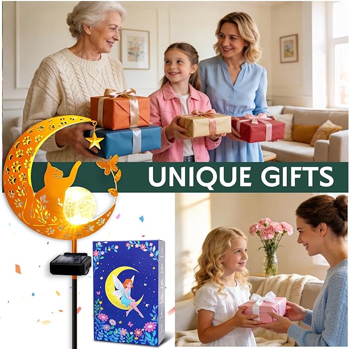 ZNYCYE Solar Lights Outdoor Decorative Moon Cat Butterfly Solar Stake Lights Birthday Gifts for Women mom Grandma, Garden Decor Waterproof for Walkway, Yard, Lawn, Patio (Warm White) ZNYCYE