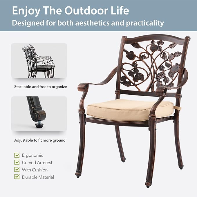 9-Piece Cast Aluminum Patio Furniture, Outdoor Dining Sets for 8 Include 87" Rectangular Patio Dining Table and 8 Stackable Chairs with Cushions & Umbrella Hole (Copper Red) Rootora
