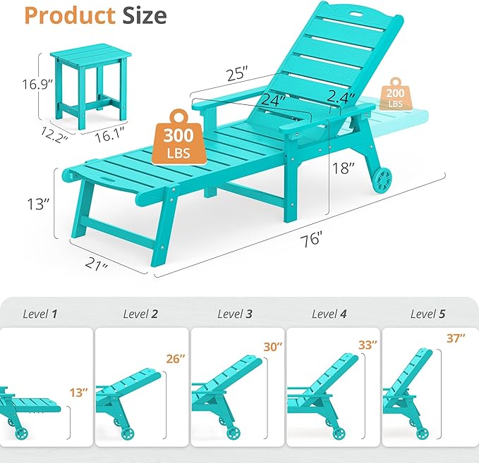 LUE BONA Chaise Lounge Chair with Table, 6-Piece, HDPS Chaise Lounger, 5 Positions Adjustable Lounge Chairs, Pool Lounge Chair with Wheels for Poolside, Backyard, Aruba Blue LUEBONA