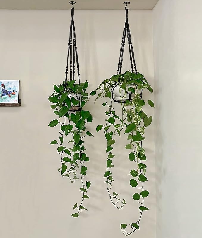 Mkono Macrame Plant Hanger Indoor Hanging Planter Basket with Wood Beads Decorative Flower Pot Holder No Tassels for Indoor Outdoor Boho Home Decor 35 Inch, Black, Set of 2 (POTS NOT Included) Mkono