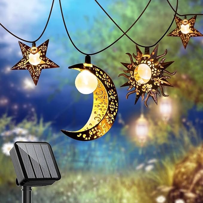 Beautyard Solar String Lights Outdoor Star Moon Sun 13Ft 153In Led Solar Powered Decorative Lights for Garden Patio Yard Trees Mothers Birthday Gifts Party (Warm White) (Star Moon Sun String Lights) Beautyard