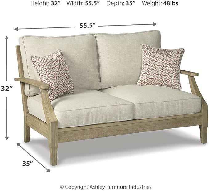 Signature Design by Ashley Clare View Coastal Outdoor Loveseat, Cushioned with Nuvella Fabric, Protective Finish, Eucalyptus Wood, 55.5" W x 35" D x 32" H, Beige SignatureDesignbyAshley