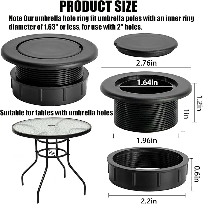 Patio Table Umbrella Hole Ring Plug Cap Set, Yard Parasol Table Hole Cover Insert Black Thicker Patio Table Hole Plug Ring for Cafes, Outdoor, Milk Tea Shops, Camping Rootora