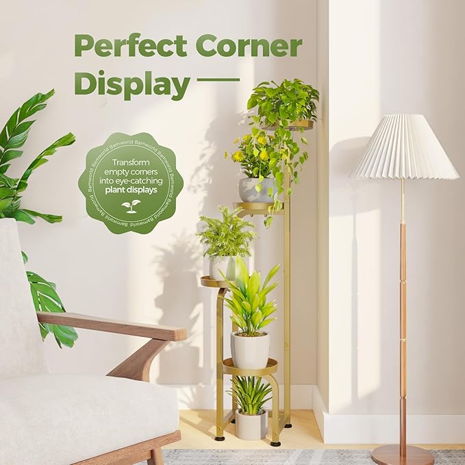 Bamworld Corner Plant Stand Indoor Outdoor, Tall Metal Flower Pot Stands for Multiple Plants, 4 Tier Gold Heavy Duty Plant Shelf for Patio Garden Balcony Living Room Bedroom(Patent Design) Bamworld