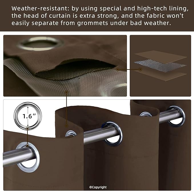 Outdoor Indoor Curtains for Patio Weather-resistant Window Panels Privacy Protect Grommet Top Thermal Insulated Home Curtain for Porch Pergola Garden Hot Tub Area (W52 x L132, Brown, 2 Panels) DivaenCamino