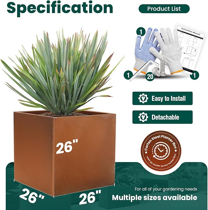 Corten Steel Planter Box Metal Square Planters 26 Inch Steel Large Outdoor Planter Tall Plant for Commercial Residential Patio and Backyard GZGNEEVL