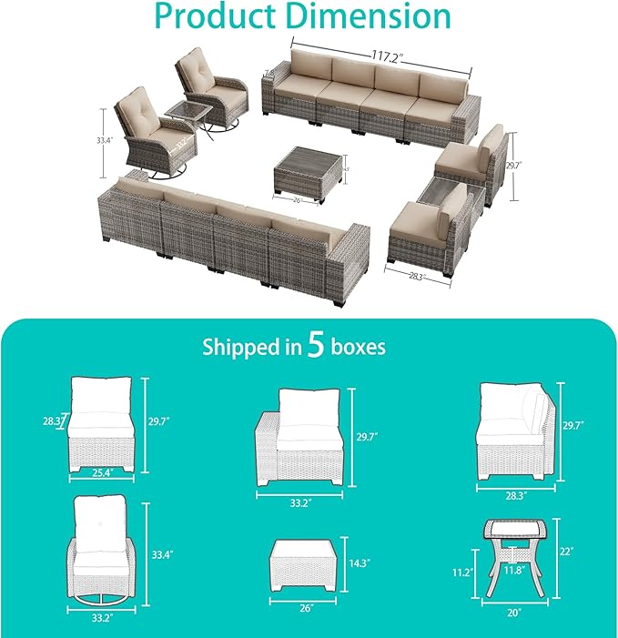 13-Piece Outdoor Patio Furniture Set with 55,000 BTU Fire Pit Table, PE Wicker Rattan Sectional Sofa Patio Conversation Set with Thickened Cushions & Coffee Table, Beige MuphyersPatioFurniture